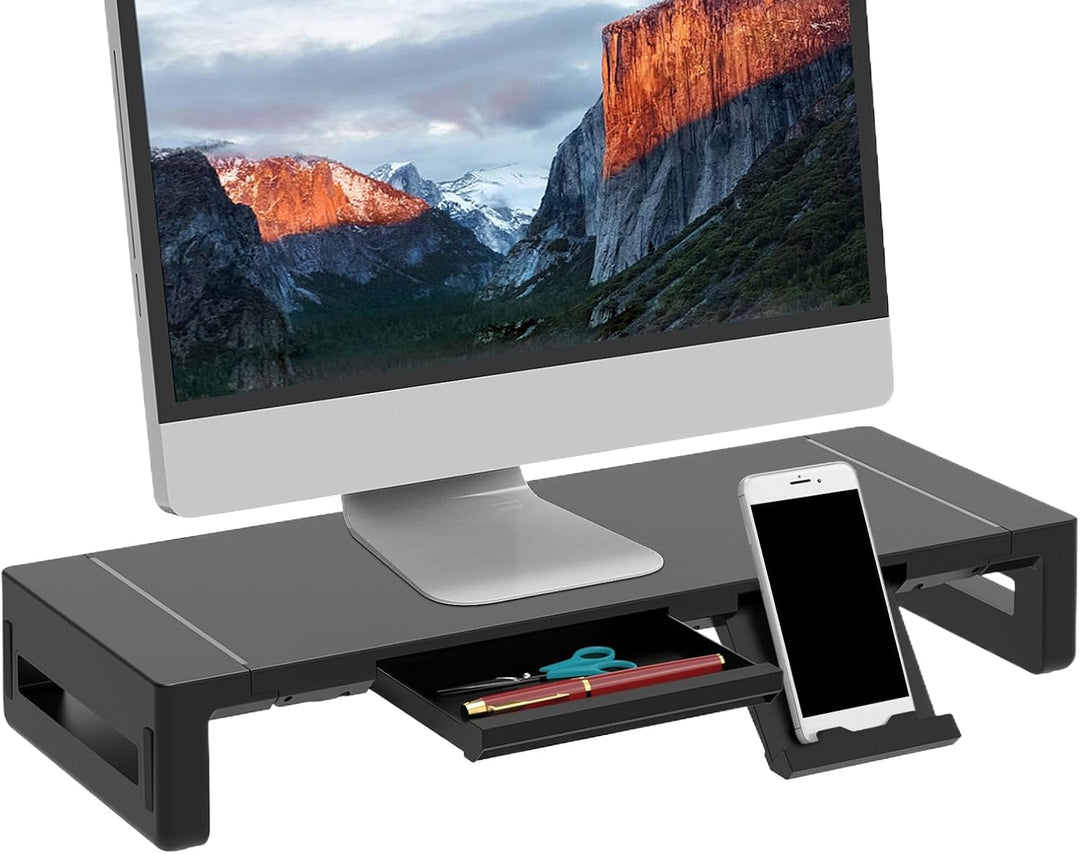 Zwarte verstelbare monitorstandaard met lade voor ergonomische werkplek en gezond thuiswerken.