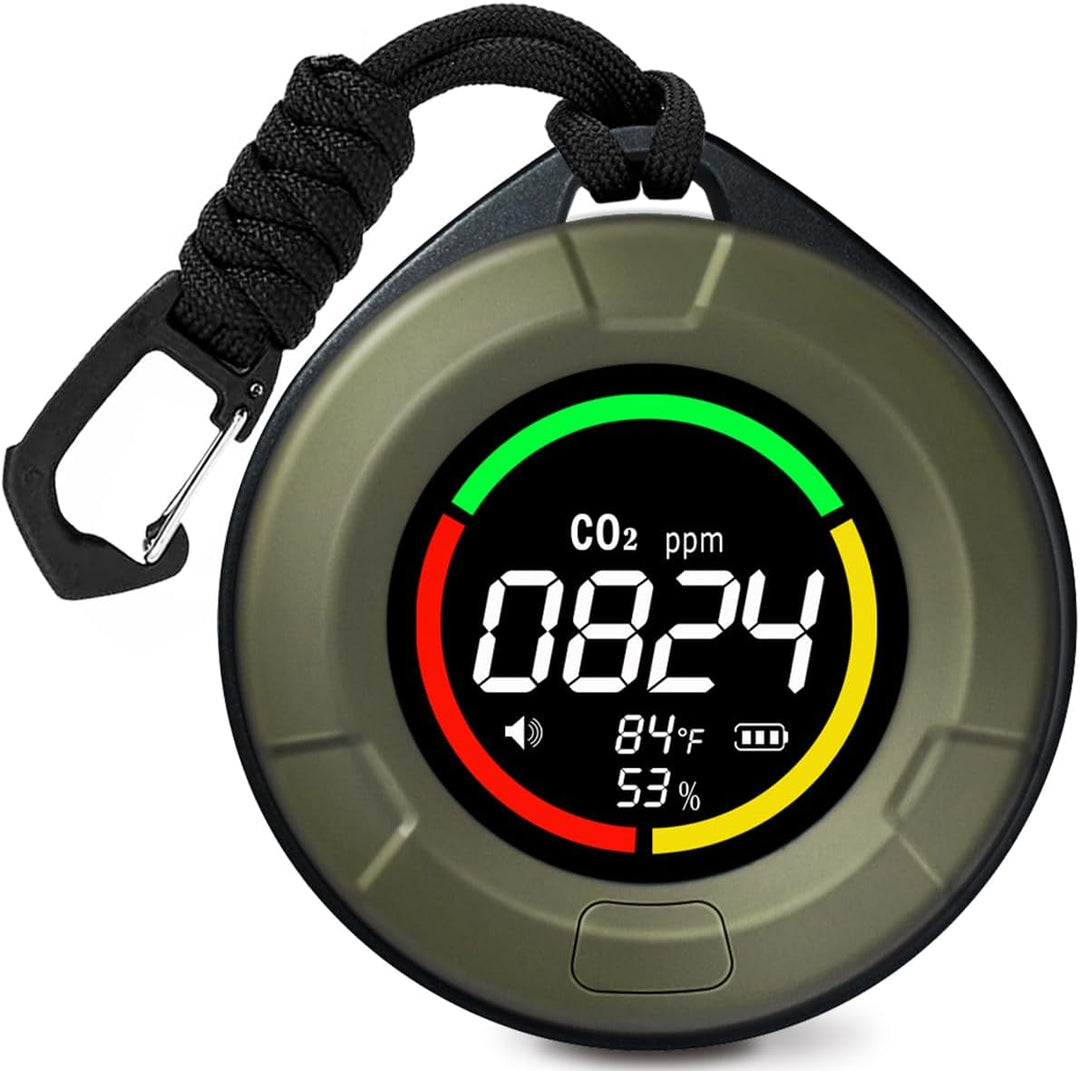 Draagbare Aervent CO2 detector met helder display, meet luchtkwaliteit, temperatuur en luchtvochtigheid voor een gezond binnenklimaat.