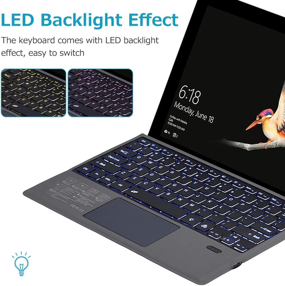 Nexora draadloos toetsenbord met achtergrondverlichting en touchpad, optimaal voor Surface Pro gebruikers.
