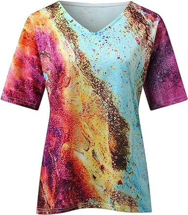 Elegant dames t-shirt met abstracte vormen, V-hals en korte mouwen, geschikt voor elke dag.