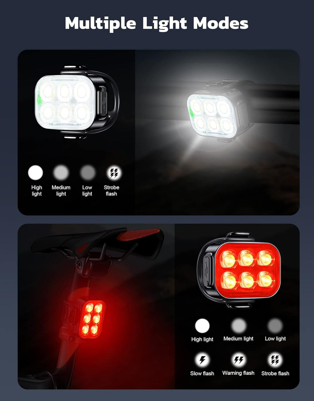 Verhoog je zichtbaarheid met deze Ultra Slim USB oplaadbare fietsverlichting set. Krachtige LED fietslampen.