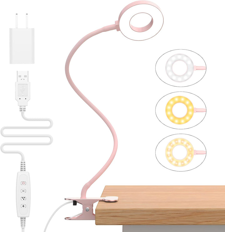 Roze LED bureaulamp met flexibele hals en klem. 3 kleurmodi, perfect als leeslamp.