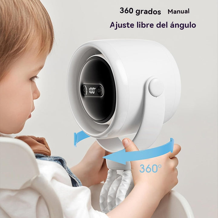 Baby comfort ventilator: draagbaar, oplaadbaar, met clip en subtiel nachtlampje voor de kinderwagen.