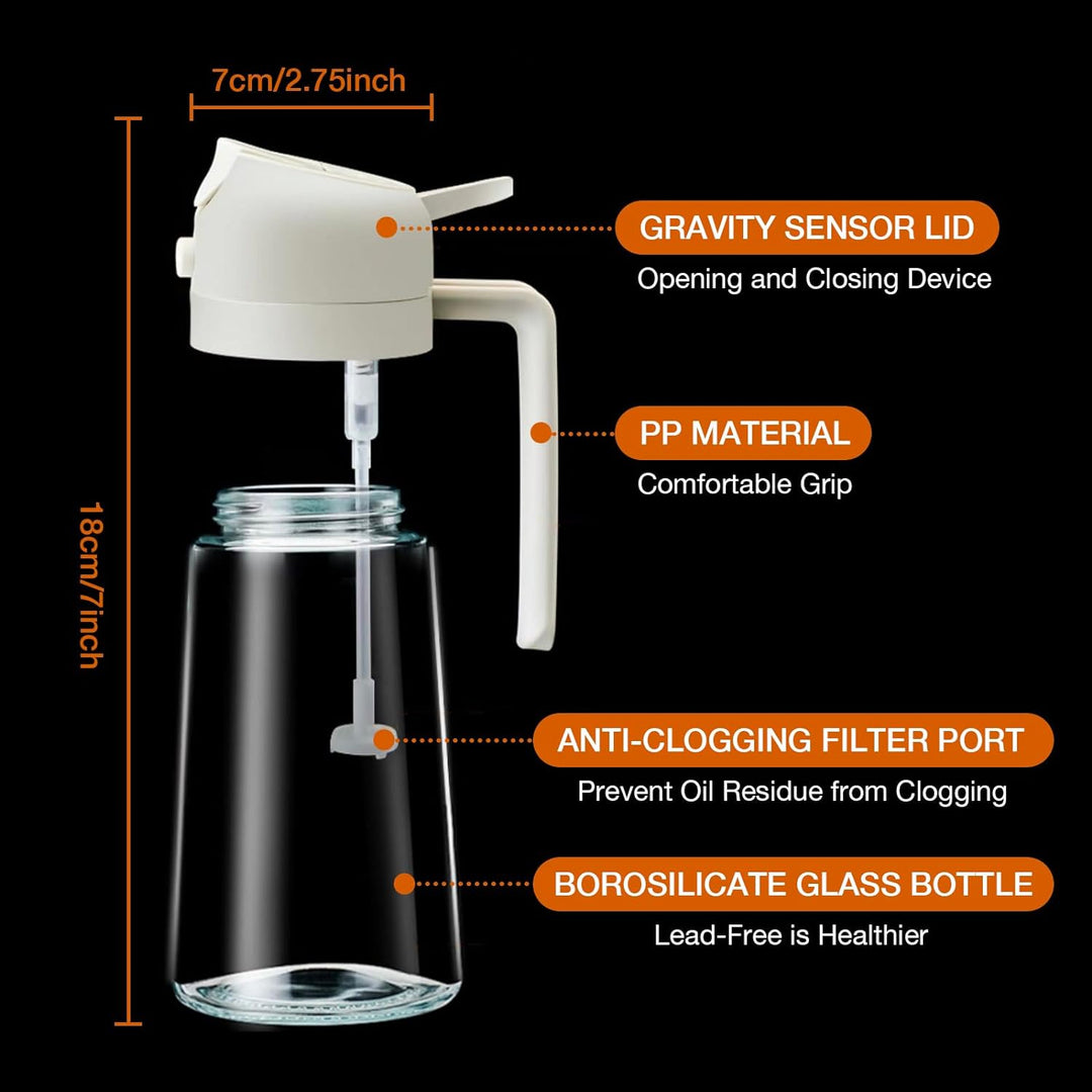 Duurzame glazen 2-in-1 olijfoliespray dispenser, 470ml, voor efficiënt en gecontroleerd oliën.