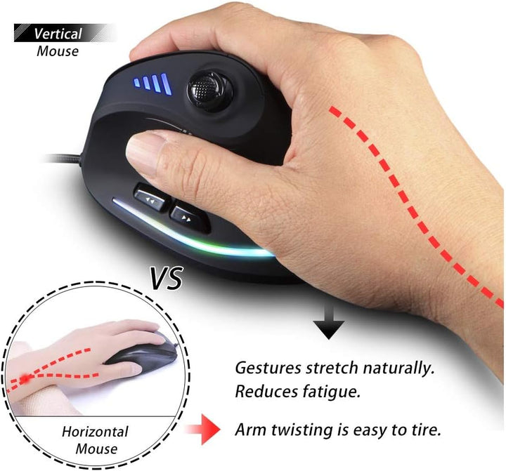 Ergonomische verticale gaming muis Kryvos met RGB verlichting en programmeerbare knoppen voor lange gamingsessies.
