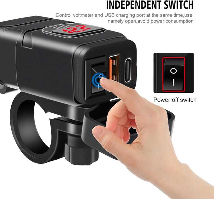 Motorfiets accessoires: krachtige USB C snellader met LED voltmeter display, ideaal voor lange ritten.