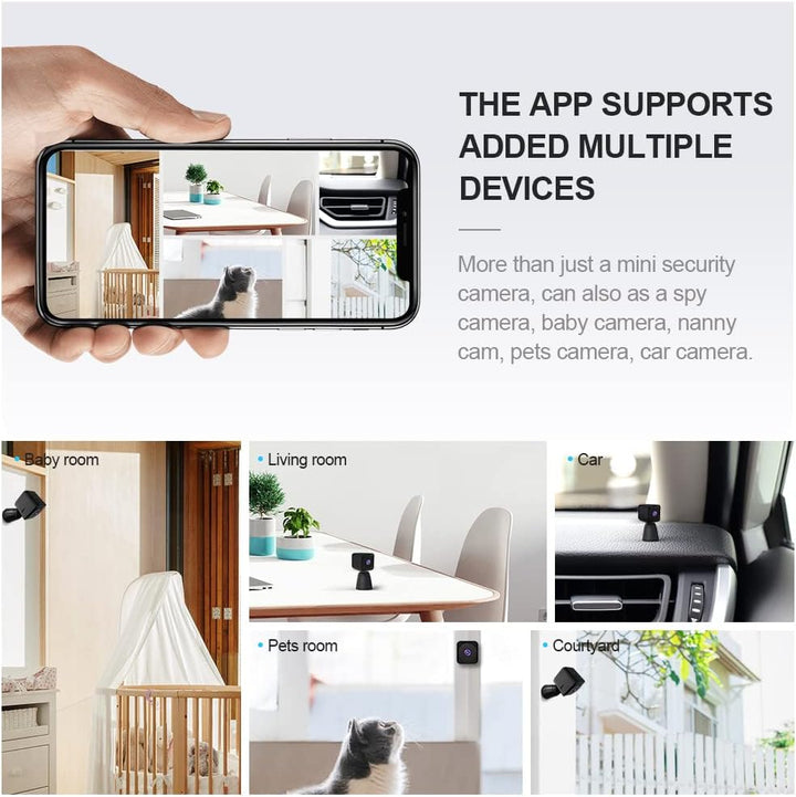 Detailopname van de draadloze 4K wifi mini beveiligingscamera, compact en gebruiksvriendelijk voor binnen.