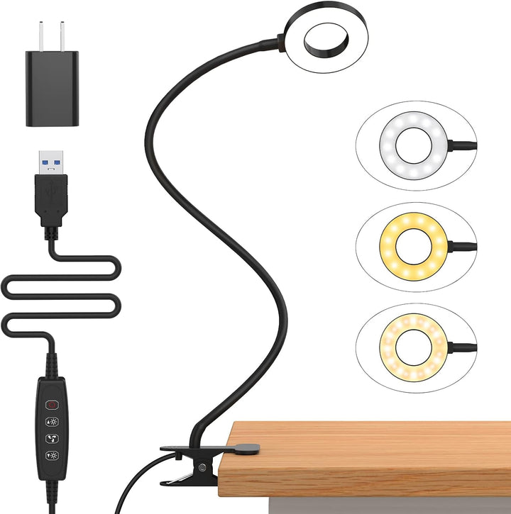 Witte LED bureaulamp met flexibele hals, 3 kleurmodi. Klembevestiging voor oogvriendelijk lezen.