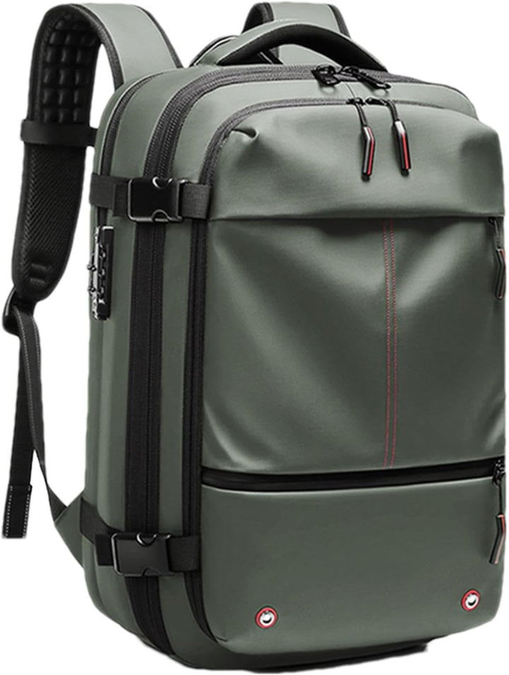 Grijze 60L reisrugzak, waterdicht, met laptopvak, vacuümfunctie; slimme oplossing voor compacte bagage.