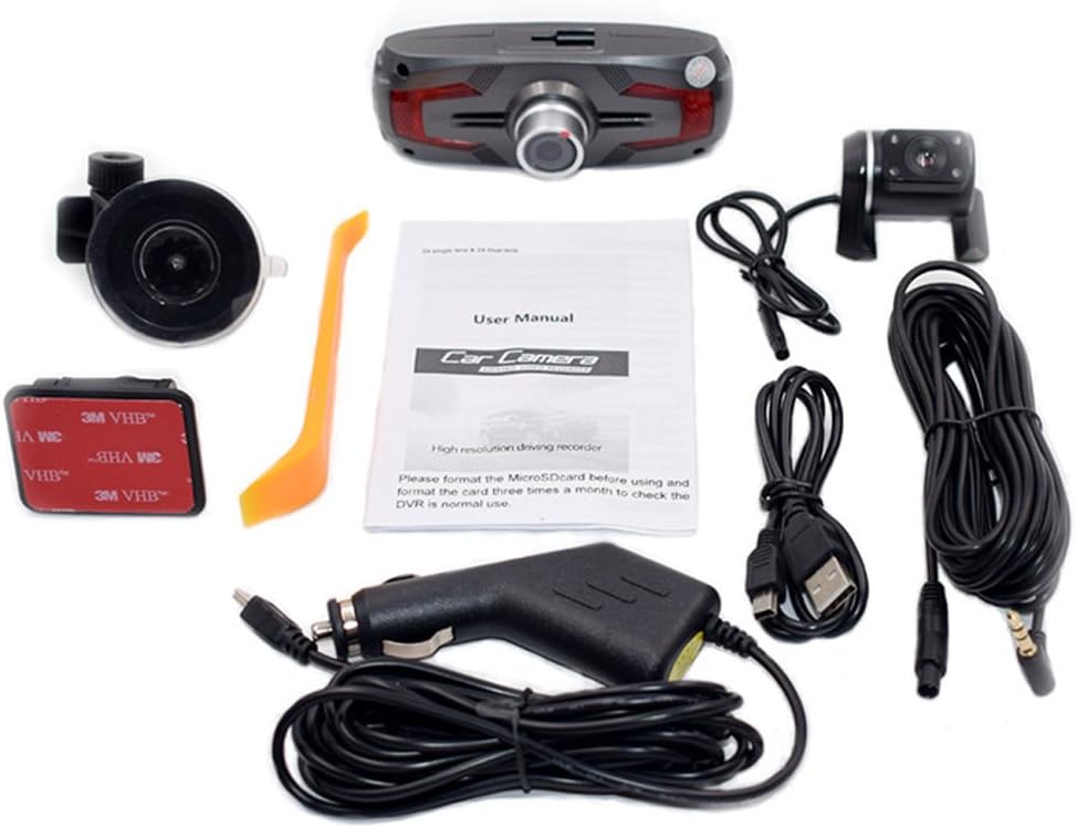 Compacte dashcam met dubbele 170° groothoekcamera, achteruitkijkfunctie en 2.7" LCD voor heldere auto-opnames.
