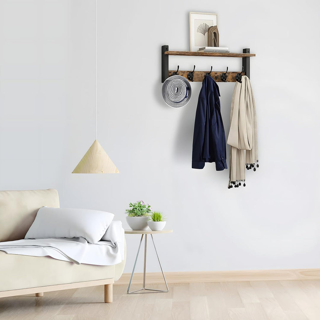 Ruimtebesparende wandkapstok met handige opbergplank en 5 haken voor jassen en accessoires in je hal.