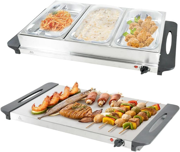Elektrische buffet voedselwarmer met 3 schalen. Ideaal voor het warmhouden van gerechten op feesten en diners.