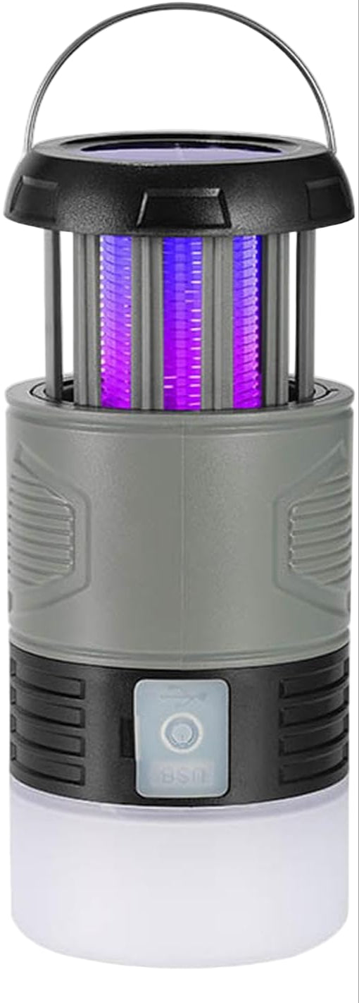 Zonne-energie muggenval en vliegenval met UV-licht; draagbaar voor terrassen en buitenruimtes.