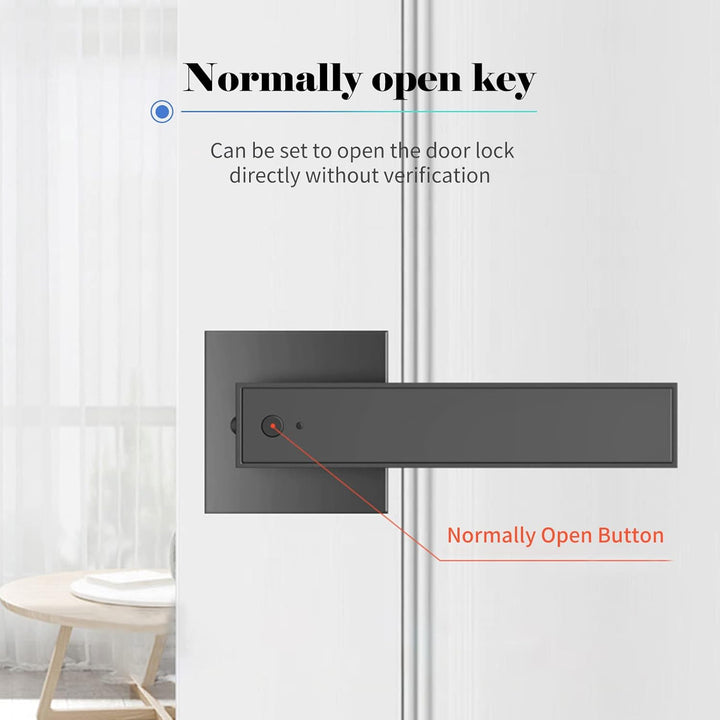 Modern zwart Nivora deurslot met vingerafdruk scanner en noodsleutel. Ideaal voor kantoor en smart home.