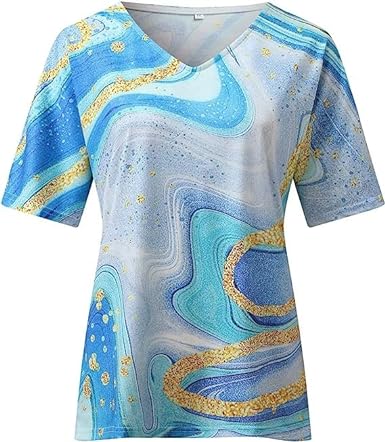 Dames casual t-shirt, korte mouw, met abstracte kunstprint en flatterende V-hals.