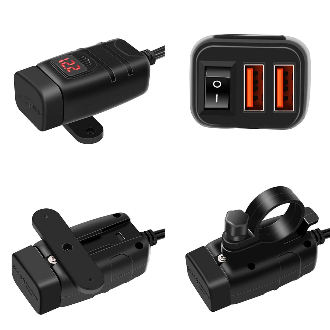 Drayvik motorfiets oplader met dubbele USB en Type-C poorten, inclusief een digitale voltmeter display.