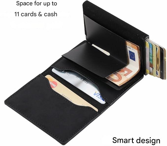Compacte CoreSlide kaarthouder. Deze veilige RFID slim portemonnee van leer beschermt al uw belangrijke pasjes.