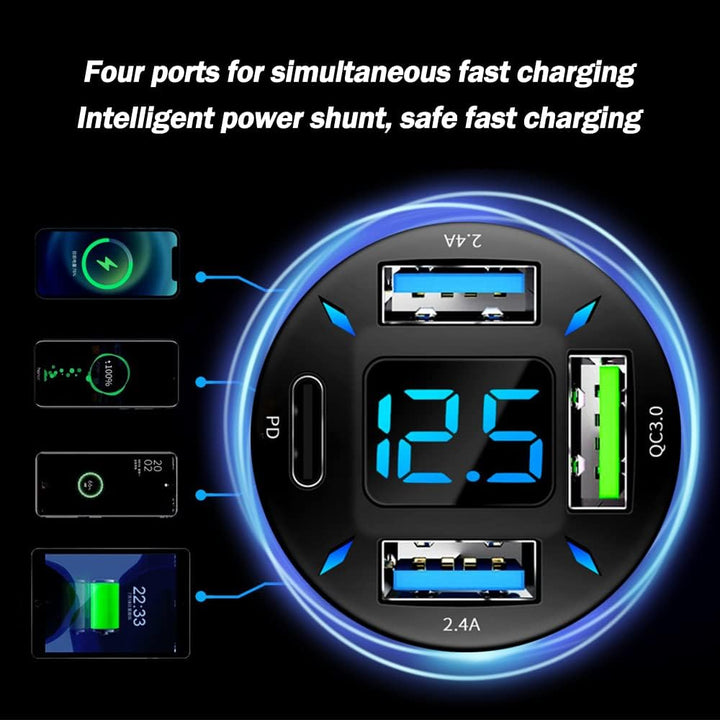 Duurzame zwarte 66W autolader, universeel voor snelladen met USB PD & QC 3.0 in 12V/24V voertuigen.