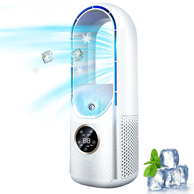Compacte bladeloze mobiele airco, ideaal voor energiezuinige persoonlijke koeling in huis.