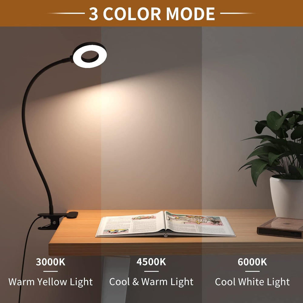 Zwarte Selvara klemlamp met zwanenhals, dimbaar en 3 lichtstanden. Perfecte studielamp.
