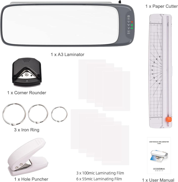 Volledige A3 laminator set: 6-in-1 met papiersnijder, perforator en hoekafgronder voor efficiënt kantoor.
