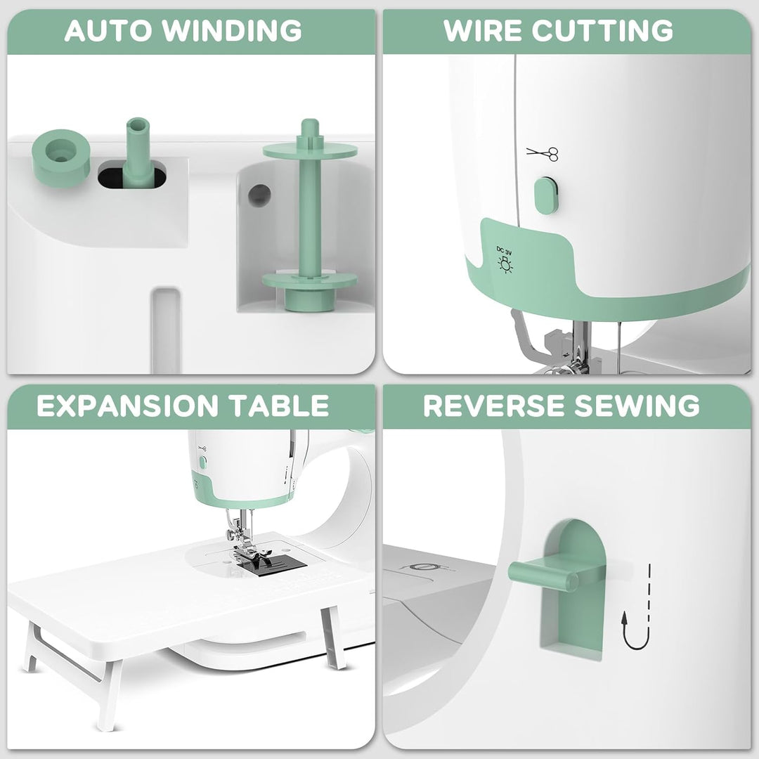 Vrouw naait kleding op StitchPro draagbare naaimachine met 12 steken, voor hobby en beginners.