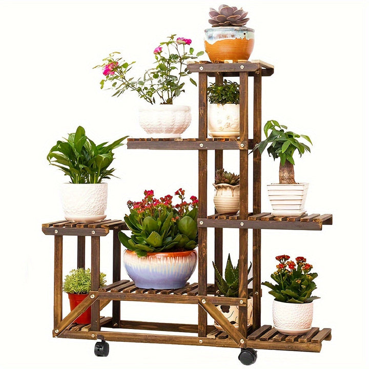 Robuuste 6-laags plantenstandaard van gecarboniseerd hout. Ideaal plantenrek voor binnen en buiten.