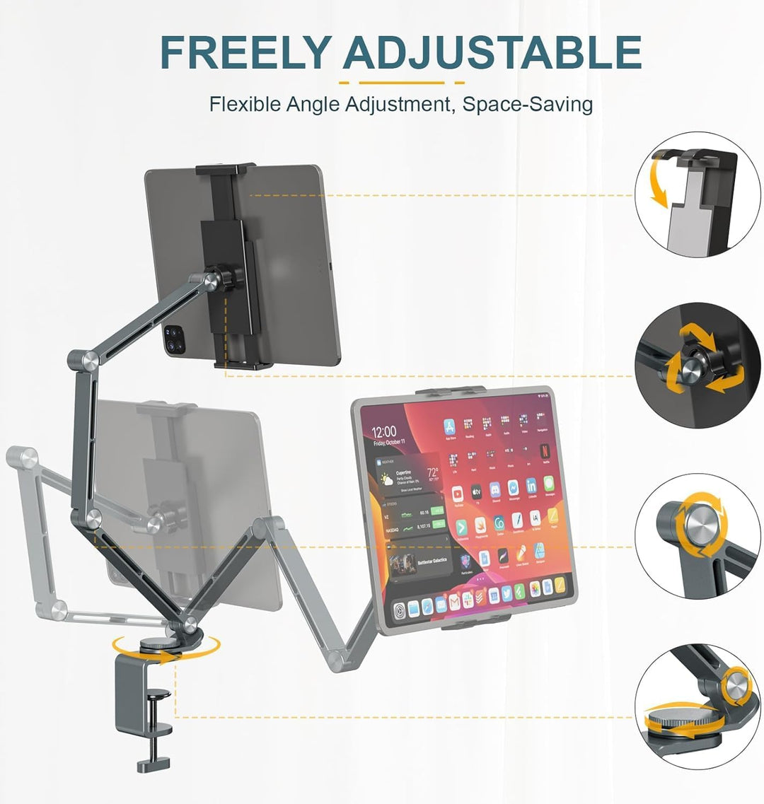 Detail van de klem op de Movaro aluminium tablet standaard, zacht en stevig voor uw apparaat.