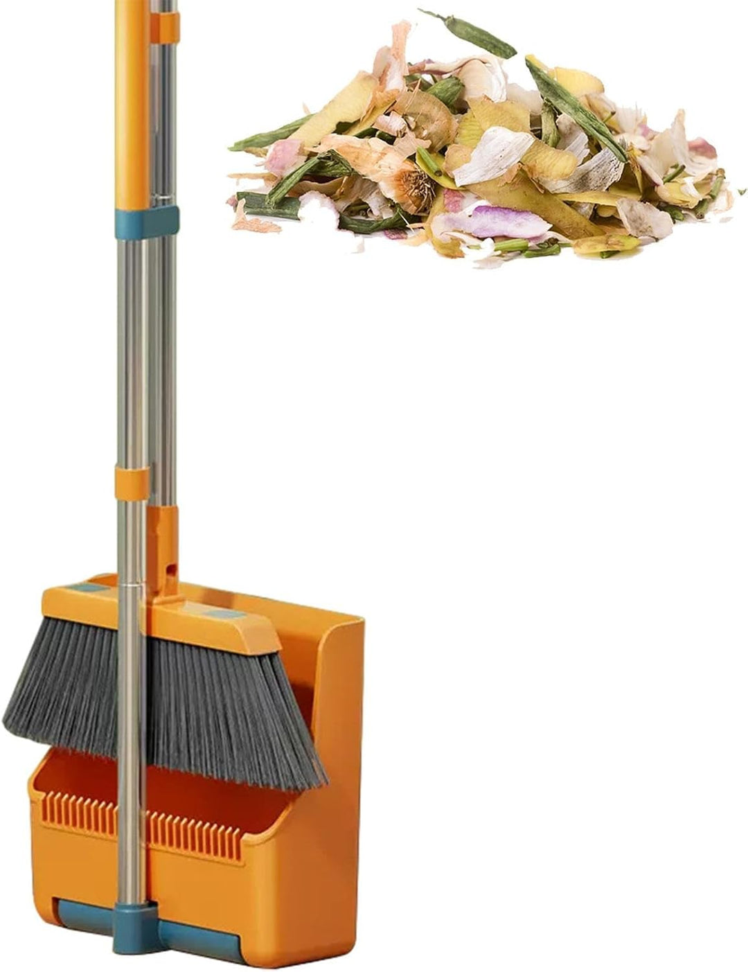 Clavira Grote bezem en blik set, lange steel, draaibare kop, oranje en blauw, voor complete reiniging.
