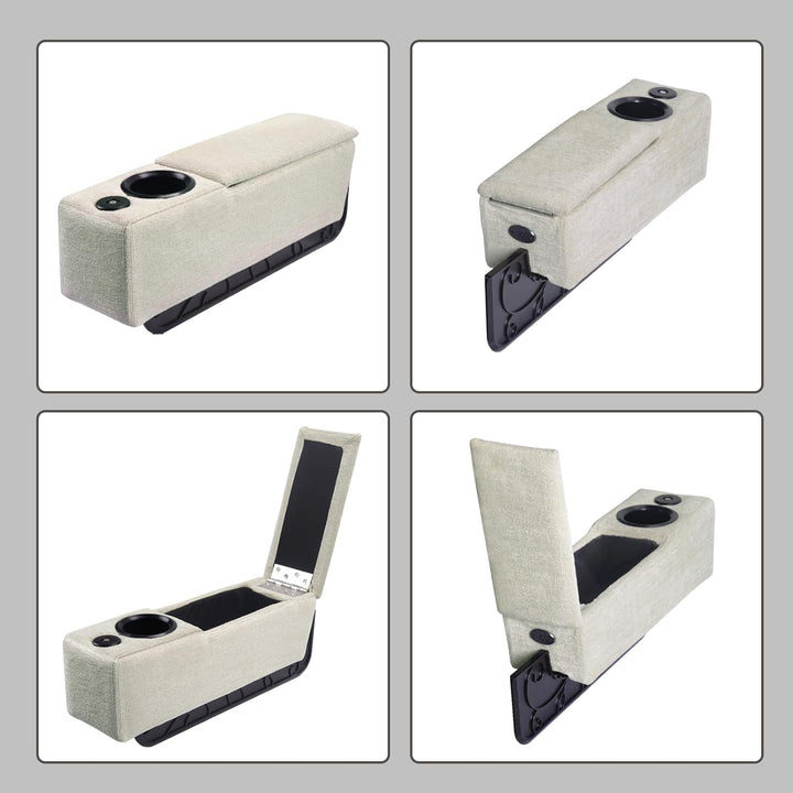 Slimme bankarmsteun met draadloze oplader, twee bekerhouders en handig opbergvak. Perfecte bank accessoires.