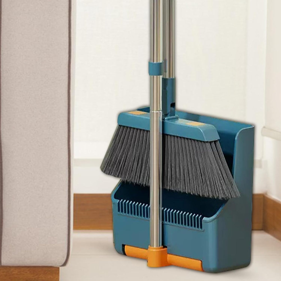 Clavira bezem en blik set met lange steel voor comfortabel reinigen van het huishouden zonder bukken.