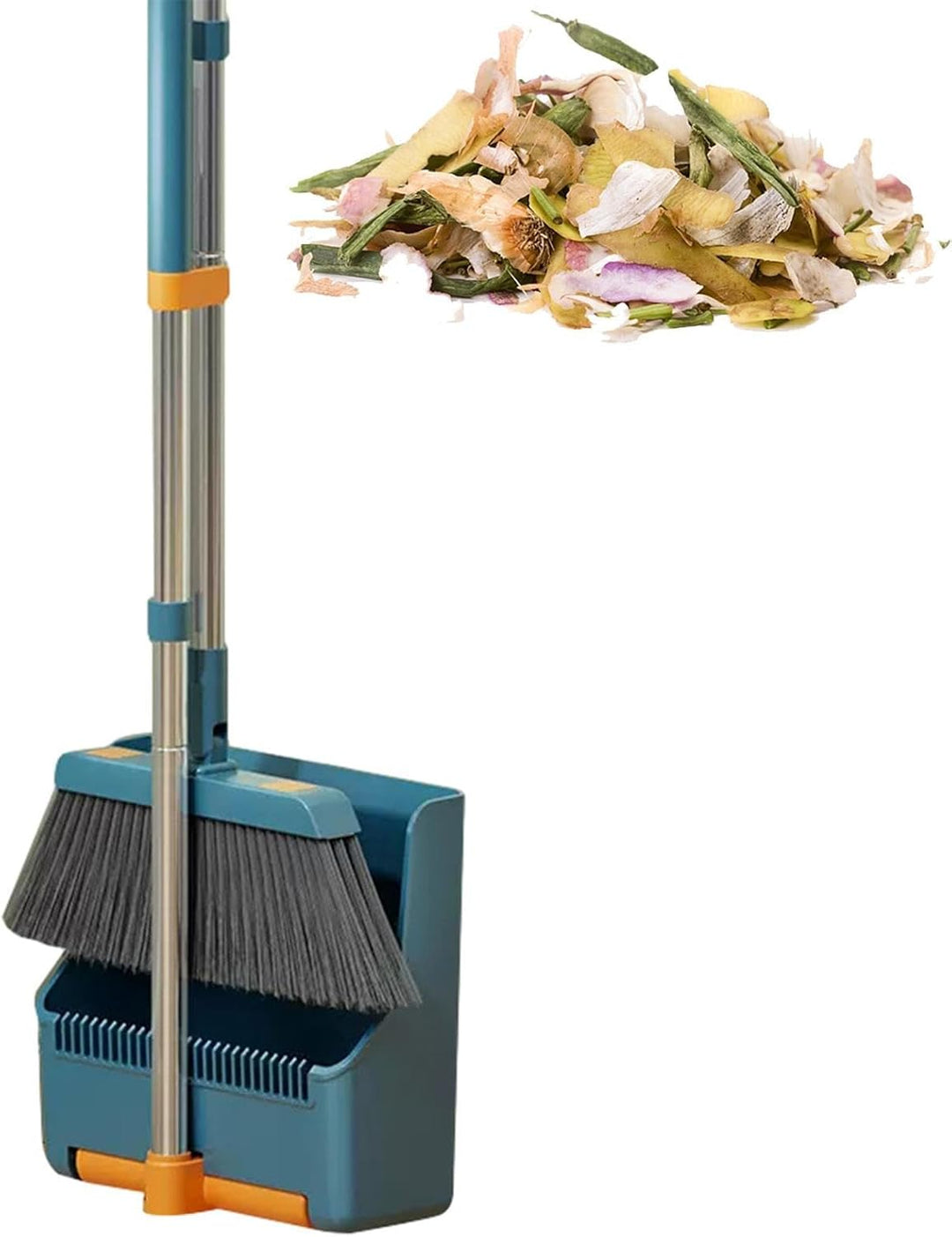 Compacte, ruimtebesparende bezem en blik schoonmaakset van Clavira, oranje-blauw design.