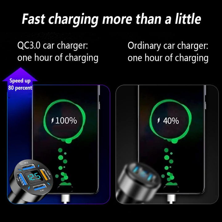 Compacte zwarte autolader 66W met USB PD en QC 3.0 voor efficiënt snel opladen onderweg.