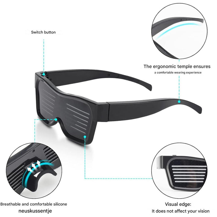 Stijlvolle unisex LED bril, eenvoudig te programmeren voor mannen en vrouwen, dé party gadget van nu.