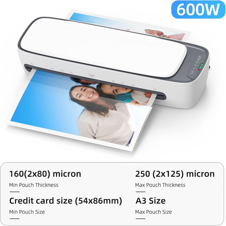 Veelzijdige A3 laminator met hete/koude modus en 6-in-1 functies voor diverse kantoorbenodigdheden.