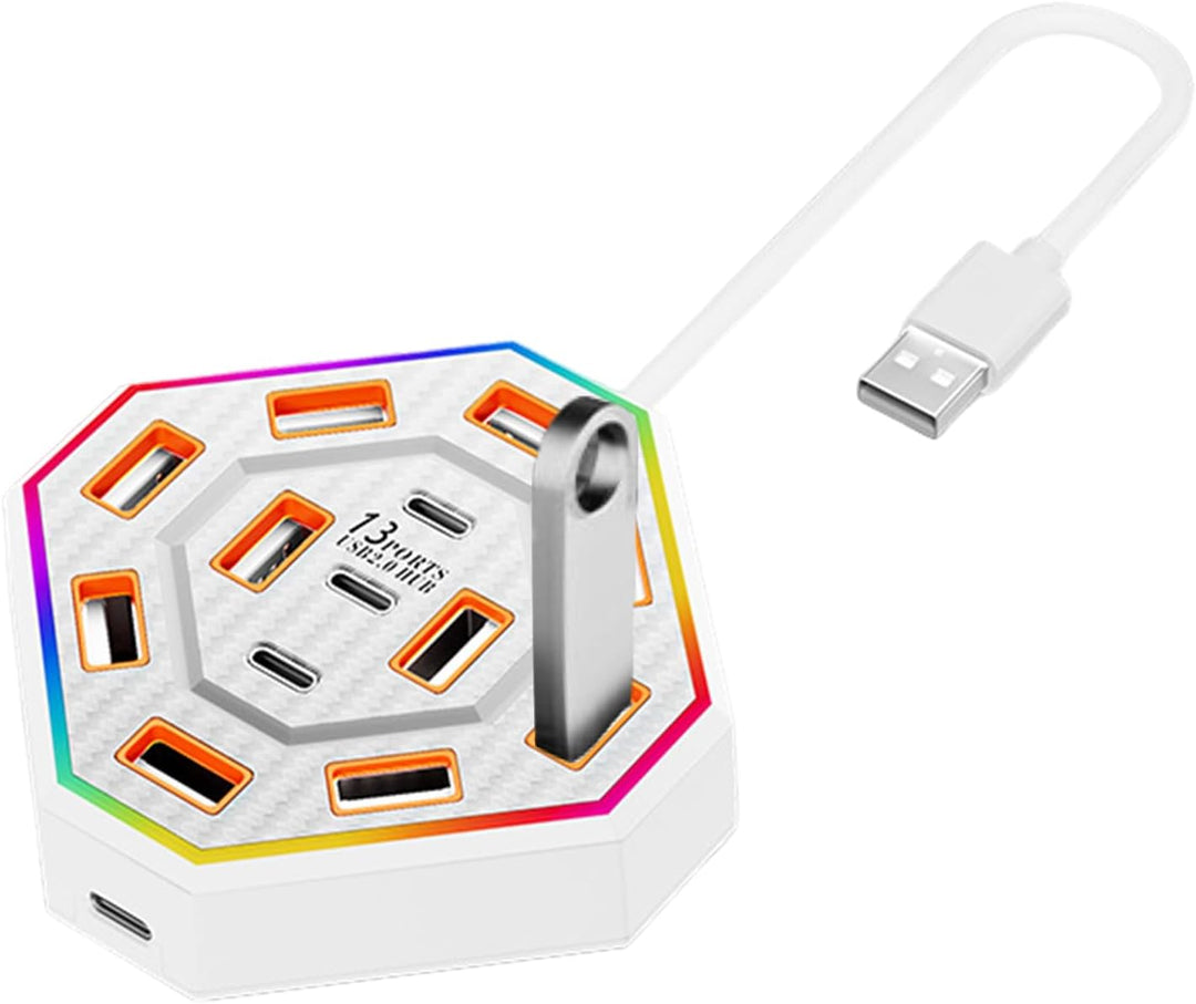 Krachtige USB splitter en hub: Lumora 13-poorts USB-C dockingstation, zwart, met aanpasbare RGB.