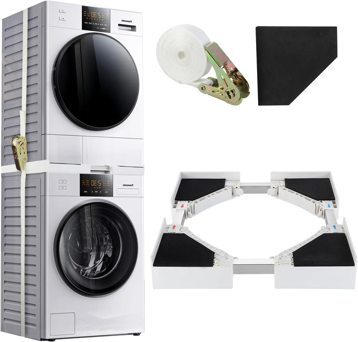 Verstelbare universele stapelkit voor veilige opstelling van wasmachine en droger, optimaliseert ruimte in uw huishouden.