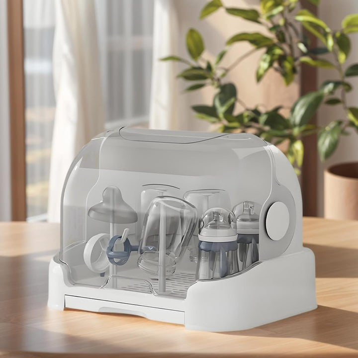 Complete babyverzorgingset: flesdroger, flessenrek en opbergdoos met deksel, houdt babybenodigdheden netjes.