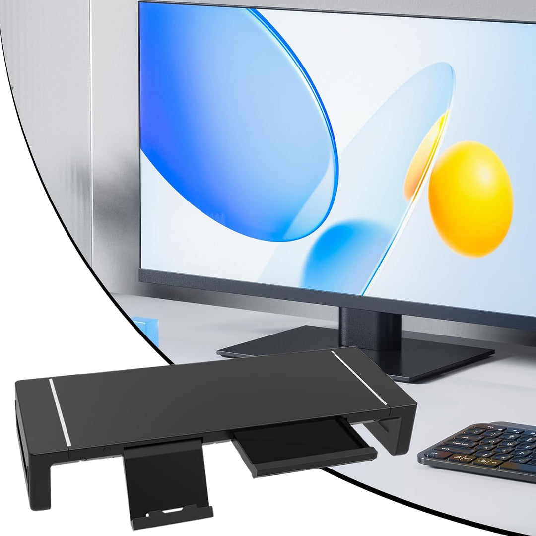 Ergonomische bureau organizer: zwarte monitorstandaard met lade en USB hub voor een opgeruimd bureau.