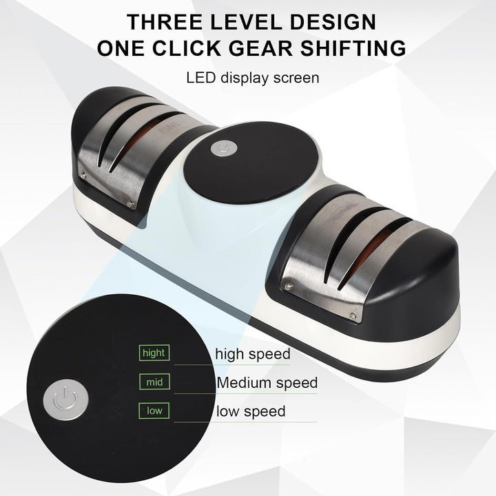 Professionele EdgeMaster elektrische messenslijper levert perfect scherpe messen met 3 snelheden en nauwkeurig LED-display.