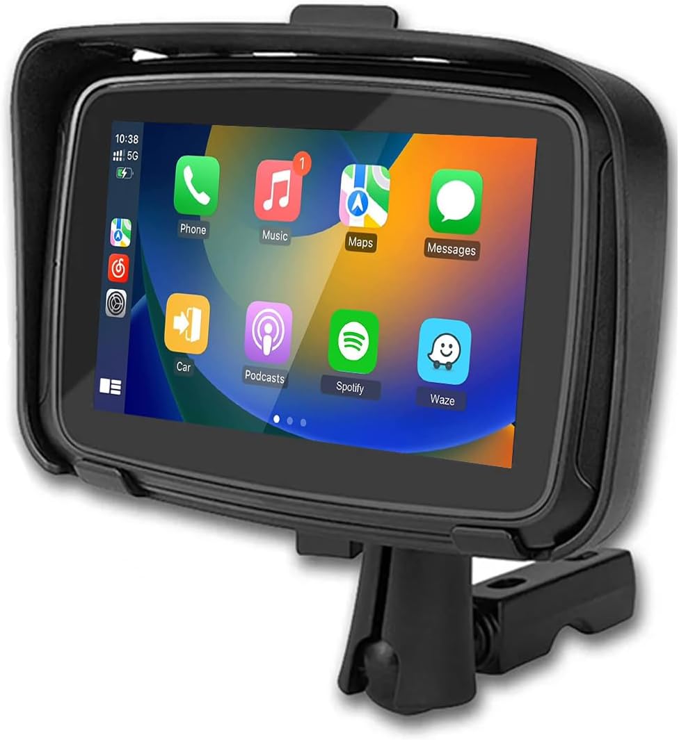 Draagbare motormonitor met 12,7 cm IPS-scherm voor motorfietsen, inclusief CarPlay & Android Auto navigatie.