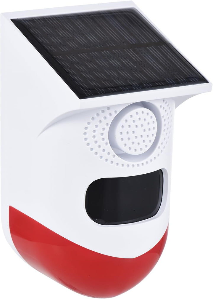 Feronix zonne-energie bewegingssensoralarm met 120dB sirene en LED-flitslicht voor buitenbeveiliging.