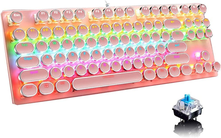Compact 87-toetsen mechanisch gaming toetsenbord met RGB-verlichting, blauwe schakelaars voor optimale typervaring.