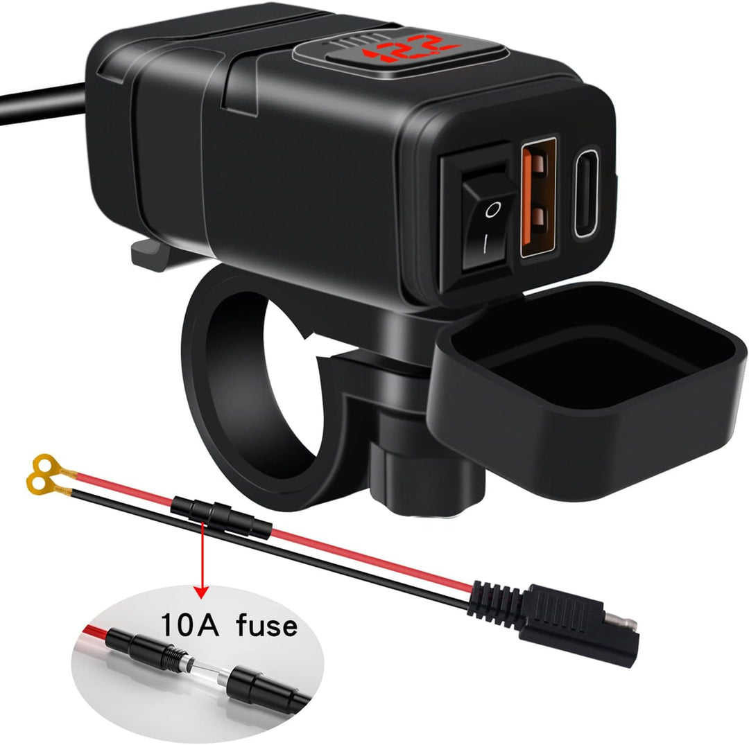 Universele scooter en motorfiets snellader, waterdicht, met voltmeter en dubbele USB & Type-C poorten.