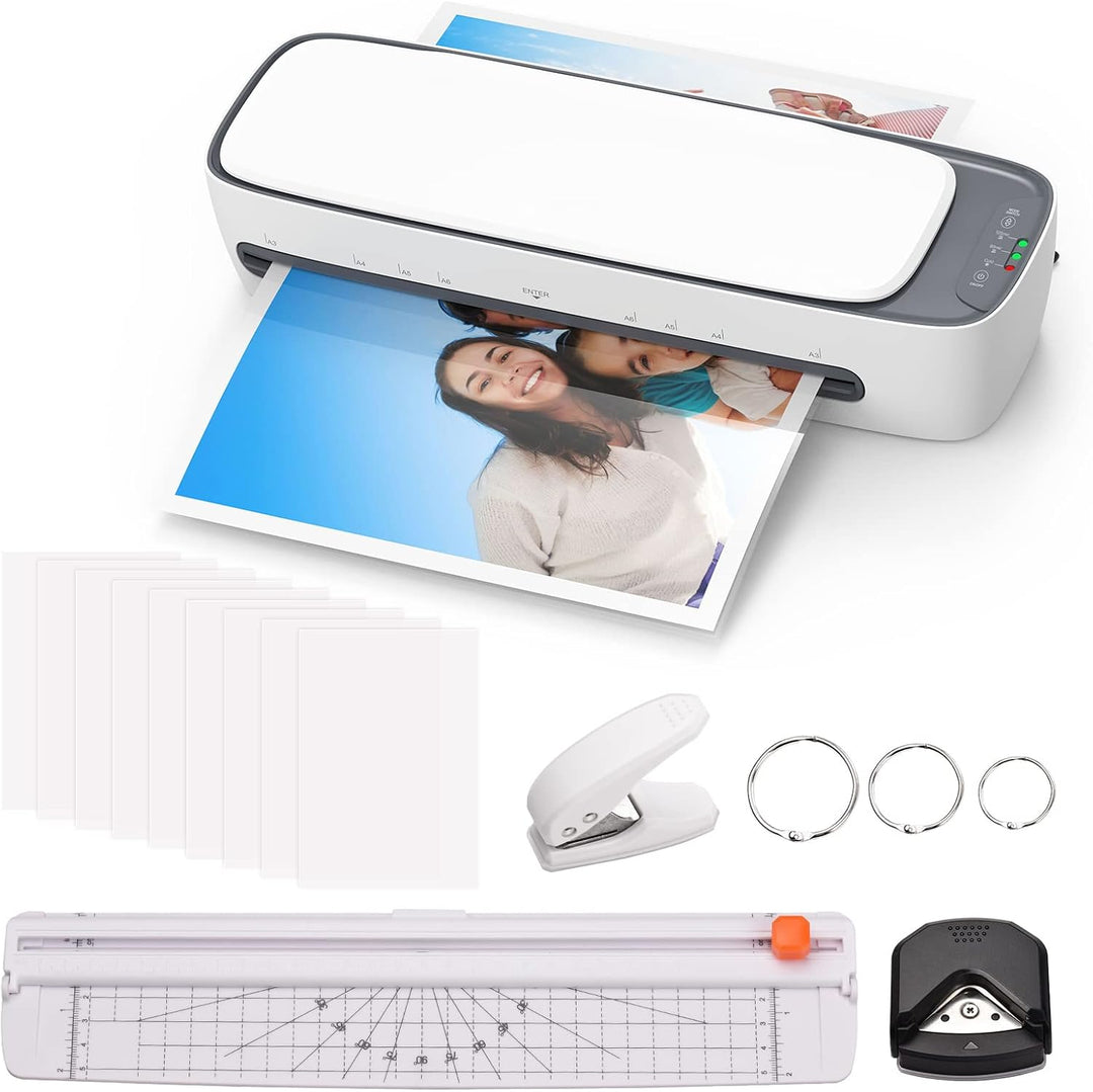 Compacte Lexaro A3 laminator voor thuis kantoor, inclusief hete en koude lamineerfuncties.