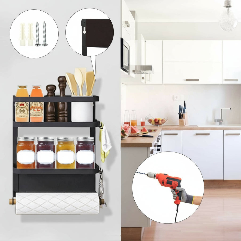 Magnetisch opbergsysteem van Oryden voor de keuken: kruidenrek, koelkastrek én keukenpapierhouder. Houd je keuken netjes.