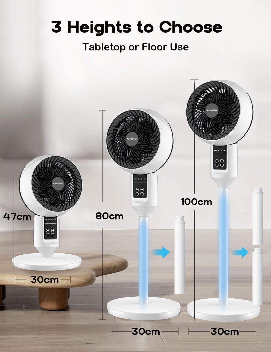 Verstelbare Aerion staande ventilator, ideaal voor gerichte verkoeling in elke kamer, met handige afstandsbediening.