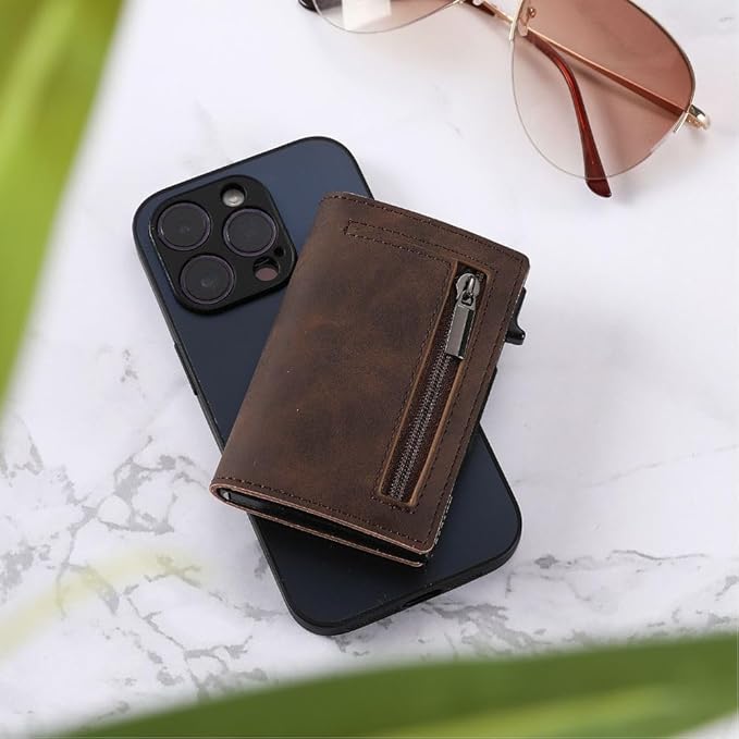 Unisex leren portemonnee met RFID-beveiliging. Compacte slim wallet voor pasjes, contant geld en biljetten.