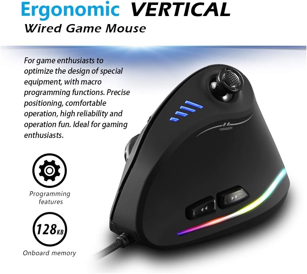 Unieke verticale RGB gaming muis van Kryvos met ergonomisch design, inclusief joystick voor verbeterde grip.
