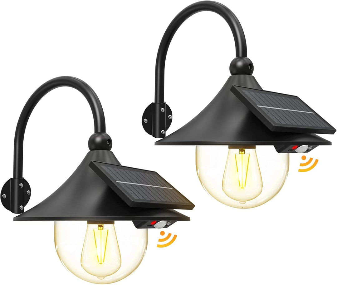 Set van 2 slimme zonnewandlampen met bewegingssensor en gooseneck voor buiten. Energiezuinige led schuurlampen.